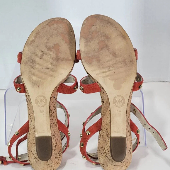Michael Kors Women’s 9 Cork Wedge Orange Suede Studded Strappy Thong Sandals - Picture 9 of 10